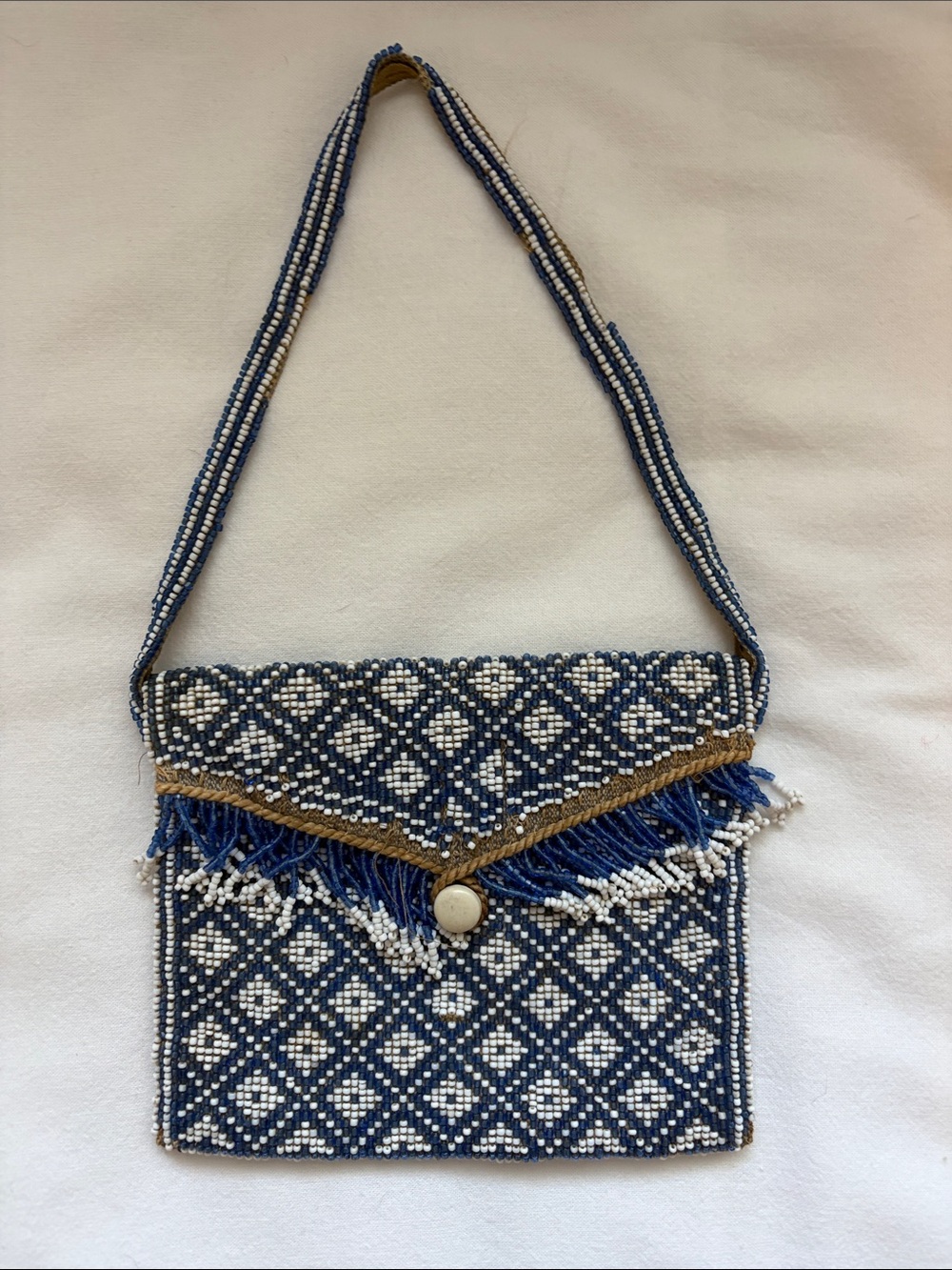 Vintage Blue and White Beaded Fringe Crossbody Bag